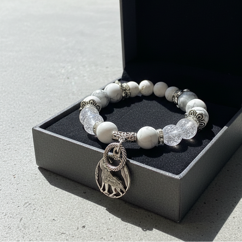 Bracelet with white beads and a lion charm on a black jewelry box.