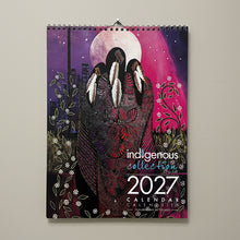 Load image into Gallery viewer, 2027 calendar with an Indigenous design featuring a bear paw and floral elements on a purple background.