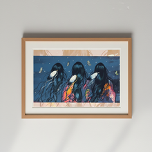 Load image into Gallery viewer, Framed artwork of two figures with white birds on a blue background, hanging on a light gray wall.