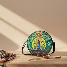 Load image into Gallery viewer, Round bag with artistic design featuring a woman and nature elements on a white background