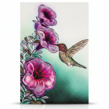Load image into Gallery viewer, Card with a hummingbird and flowers design on a white surface