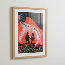 Load image into Gallery viewer, A Poster of an Artistic depiction of a couple under a moonlit sky with feathers and nature elements.