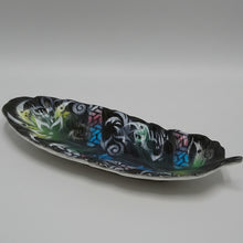 Load image into Gallery viewer, Decorative feather tray, hand painted object with multicolored patterns on a white surface