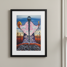 Load image into Gallery viewer, Framed artwork of a person with a colorful dress and braids on a beige wall.