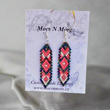 Load image into Gallery viewer, Beaded earrings on a Mocs N More branded card with a black and white background.