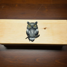Load image into Gallery viewer, Wooden box with an owl design on a concrete surface