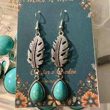 Load image into Gallery viewer, Feather-shaped earrings with turquoise drops on a decorative card.