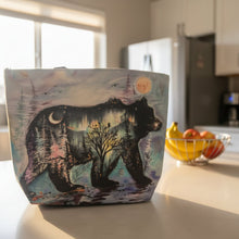 Load image into Gallery viewer, Abstract painting of a bear with a moon and trees on a canvas