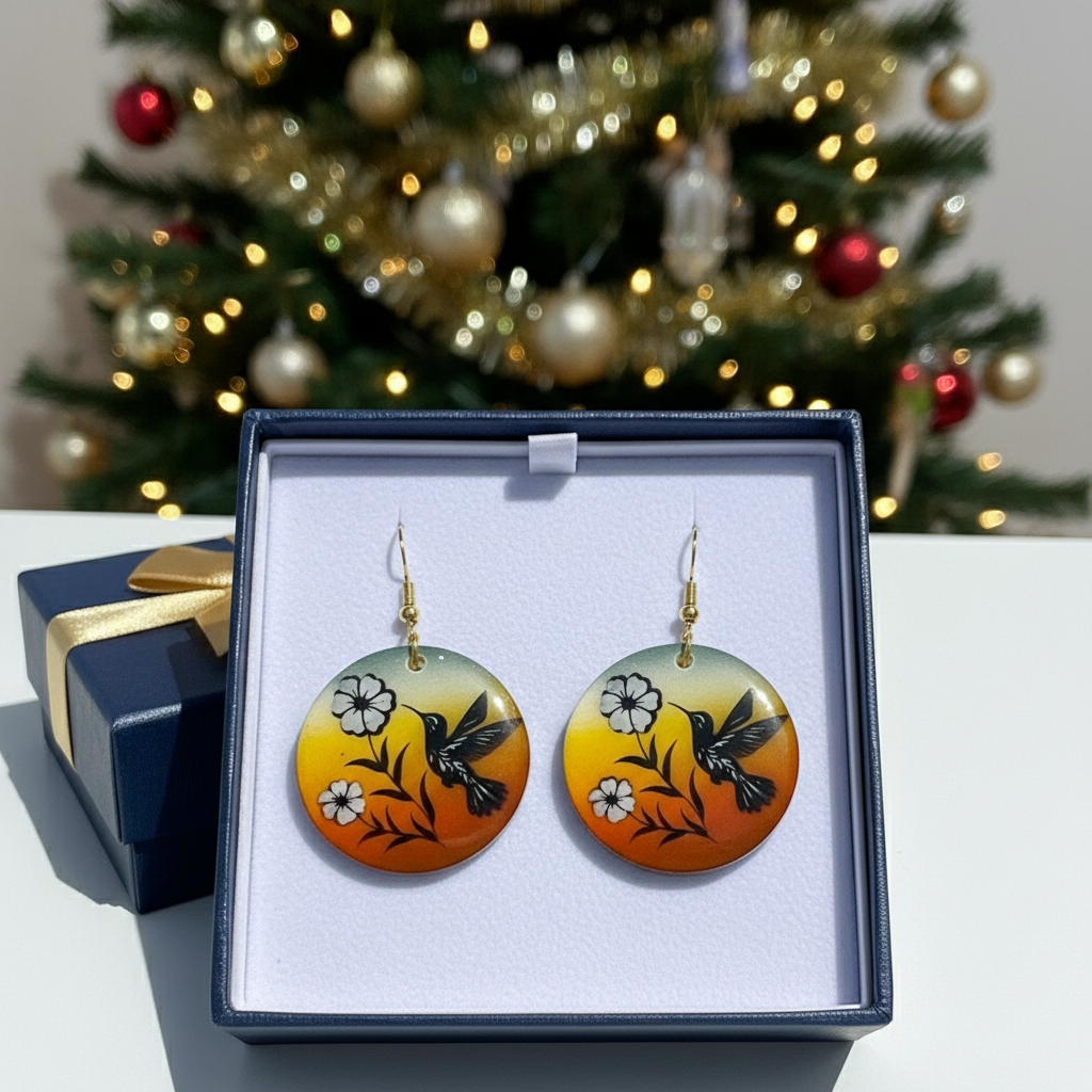 Mocs N More Earrings - Hummingbird and Flowers