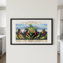 Load image into Gallery viewer, Framed artwork of a turtle with colorful patterns on a white wall in a modern kitchen.