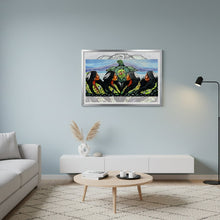 Load image into Gallery viewer, Artistic depiction of four women surrounding a central turtle with cultural symbols on a textured surface.