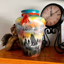 Load image into Gallery viewer, Decorative vase with a scenic design on a wooden surface next to a clock and statue.