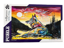 Load image into Gallery viewer, Jigsaw puzzle box with a colorful wolf design on a mountain and lake scene.