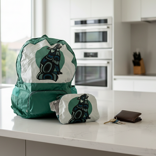 Green and white backpack with a black and blue design on a white background