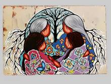 Load image into Gallery viewer, Colorful artwork of two animals embracing with floral patterns on a textured background