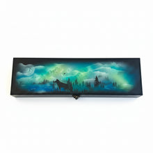 Load image into Gallery viewer, Wooden box with a scenic design on a workbench next to a router table.