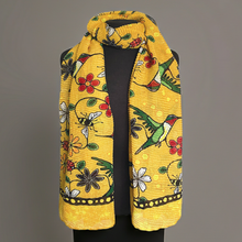 Load image into Gallery viewer, Yellow scarf with floral and bird pattern on a gray background