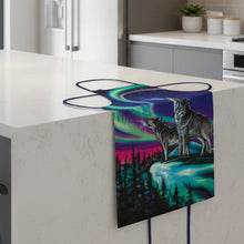 Load image into Gallery viewer, Modern kitchen with a decorative towel featuring wolves and an aurora borealis design on a kitchen island.