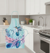 Load image into Gallery viewer, Colorful apron with a hummingbird and feather design on a white background