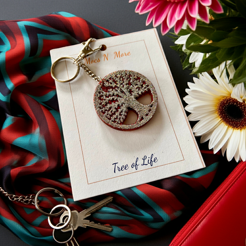 Tree of Life Silver & Red Keychain - Handcrafted Epoxy Resin