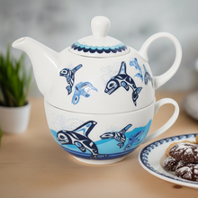 Load image into Gallery viewer, Teapot with whale design, cup, and cookies on a wooden table