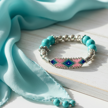 Load image into Gallery viewer, Beaded turquoise bracelet with silk scarf - variation 3
