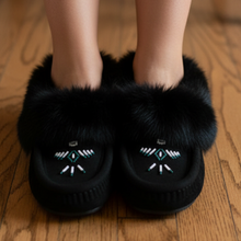 Load image into Gallery viewer, Black Moccasins - Worn Top Front View No Socks