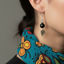 Load image into Gallery viewer, Close-up of Midnight Rose Earrings with Prairie Beadwork scarf