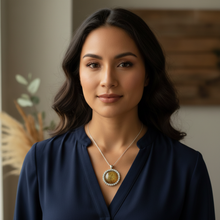 Load image into Gallery viewer, Daring Pendant on Indigenous model - navy blue blouse