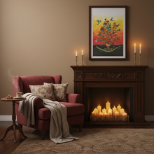 Load image into Gallery viewer, Sweet Grass Prayers by Carla Joseph Indigenous art poster in a dark walnut frame above a fireplace