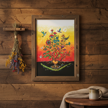 Load image into Gallery viewer, Sweet Grass Prayers by Carla Joseph Indigenous art poster in a rustic weathered wood frame on a cabin wall