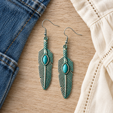 Load image into Gallery viewer, Turquoise Whisper Feather Earrings styled with denim