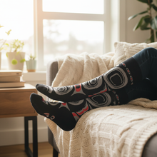 Load image into Gallery viewer, ART SOCKS - Matriarch Bear lifestyle photo, cozy indoors
