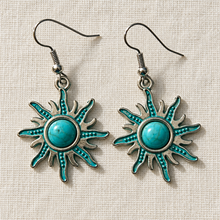 Load image into Gallery viewer, Turquoise Sunshine Drop Earrings on ivory linen