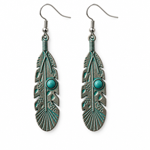 Load image into Gallery viewer, Turquoise Feather Drop Earrings on a white background