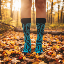Load image into Gallery viewer, ART SOCKS - Spirit Wolf lifestyle photo, fall outdoors