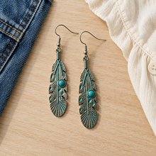 Load image into Gallery viewer, Turquoise Feather Drop Earrings styled with denim