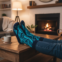 Load image into Gallery viewer, ART SOCKS - Spirit Wolf lifestyle photo, cozy with tea