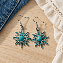Load image into Gallery viewer, Turquoise Sunshine Drop Earrings styled with denim
