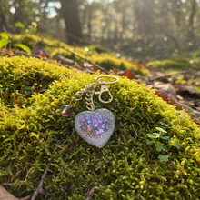 Load image into Gallery viewer, Mocs N More - Glitter Heart Keychain with Purple &amp; Green Glass Bead Charm