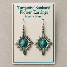 Load image into Gallery viewer, Turquoise Sunburst Flower Earrings on a named display card, styled packaging mockup