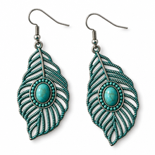Load image into Gallery viewer, Turquoise Willow Leaf Earrings with detailed openwork leaf charms on a white background