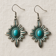 Load image into Gallery viewer, Turquoise Sunburst Flower Earrings on ivory linen