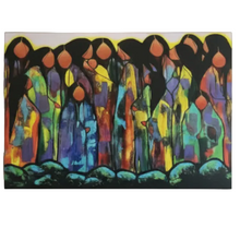 Load image into Gallery viewer, A colorful abstract painting depicting stylized female figures with black hair-like forms and vibrant garments in shades of blue, green, yellow, orange, and purple, set against a black base with a yellow horizon line.