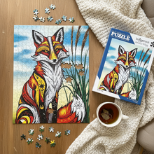 Load image into Gallery viewer, Cozy flat lay of Spirit Fox puzzle with tea and blanket