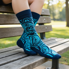 Load image into Gallery viewer, ART SOCKS - Spirit Wolf lifestyle photo, outdoor bench