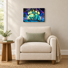 Load image into Gallery viewer, Aurora Borealis Bears wall plaque by Carla Joseph above a cream reading chair. Plaque measures 18 inches wide by 12 inches high.