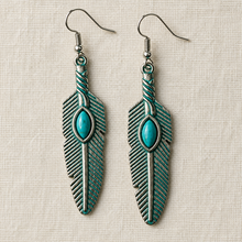 Load image into Gallery viewer, Turquoise Whisper Feather Earrings on ivory linen