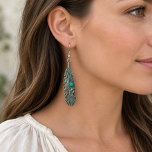 Load image into Gallery viewer, Turquoise Feather Drop Earring worn with a cream blouse