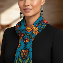 Load image into Gallery viewer, Indigenous model in black dress with Prairie Beadwork scarf and Midnight Rose Earrings